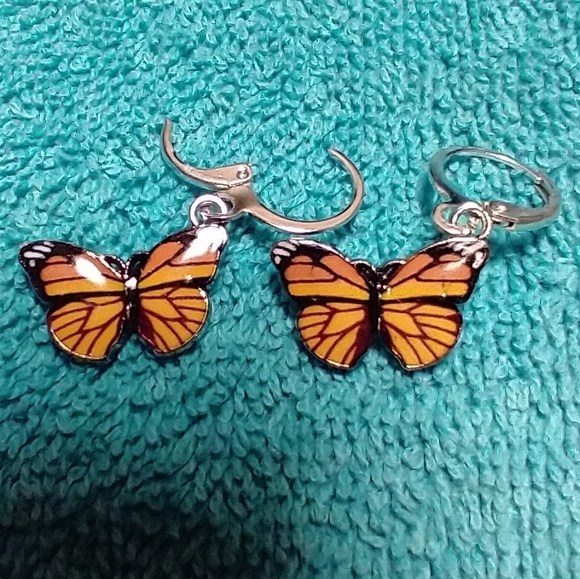Orange yellow black white butterfly wire dangle earrings - Picture 3 of 3